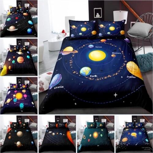 Universe Planet Bedding Set Bed Cover Surrounded by Stars Printed Orbital Planet Diagram Quilt Set Outer Space Soft Microfiber