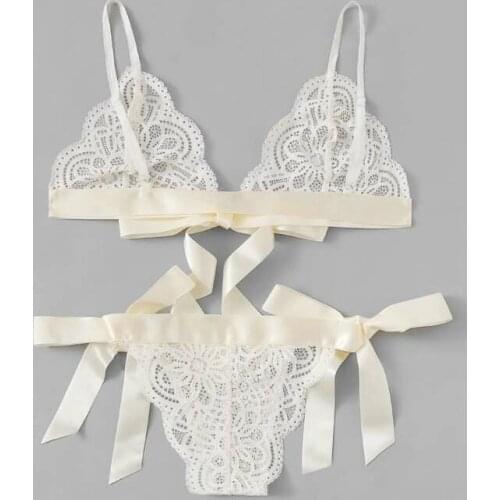Womens Sexy Lingerie Set, Sexy Lace Bra And Side Tie Panties Two-Piece Wedding Night Honeymoon Home