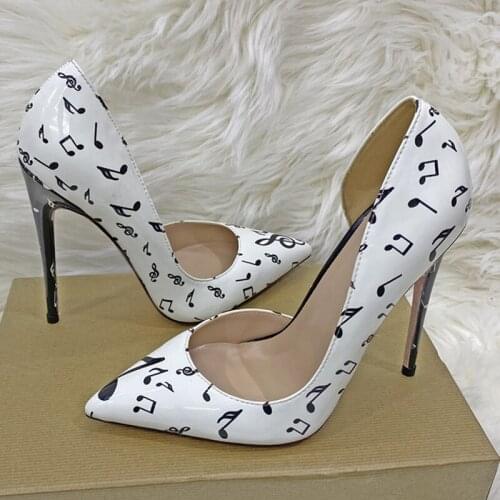Music notation fashion pointed toe 12cm 10cm 8cm high thin heels party dating black white plus size women pumps QP130 ROVICIYA