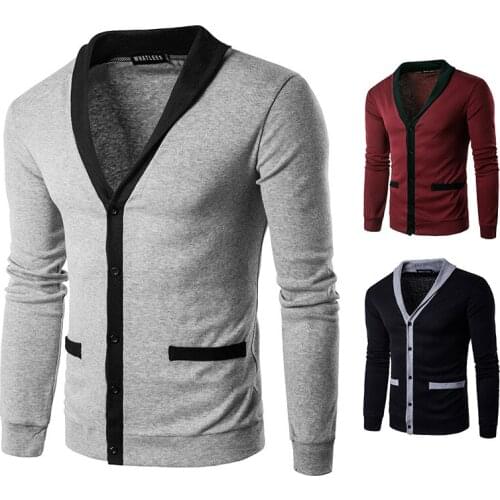 Mens Sweater Long Sleeve V-Neck Color Matching Cardigan Casual Single-Breasted Patchwork Straight Type Sweater Coat For Youth