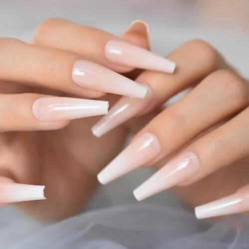 Super Long Ombre Pink Nude Gradient French Ballerina Coffin False Nail Natural Press on Ballet Fake Nails Reusable Wear Tips