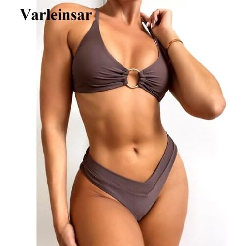 New Sexy Metal Ring Mid Waist Bikini Female Swimsuit Women Swimwear Two-pieces Bikini set Padded Bather Bathing Suit Swim V3182