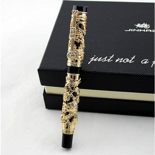 Latest Design Jinhao Dragon and Phoenix carving Fountain Pen stationery luxury metal writing gift art collection ink pens