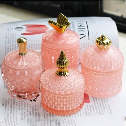 Pink Glass Storage Jar European Style Jewelry Box Household Cotton Swab Candle Storage Box Living Room Decoration Accessories