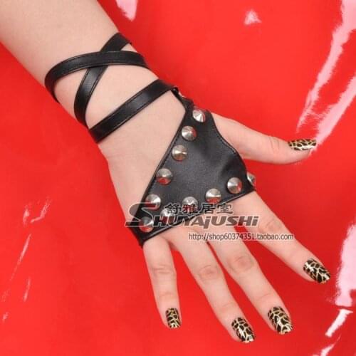 Womens Sexy bandage gloves female fashion hip-hop punk gloves ds rivets pu leather gloves sexy fingerless glove