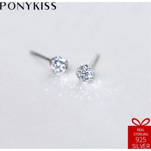 PONYKISS Trendy S925 Sterling Silver Minimalist Fashion Round Zircon Stud Earrings Women Jewelry Accessory Birthday Party Gift