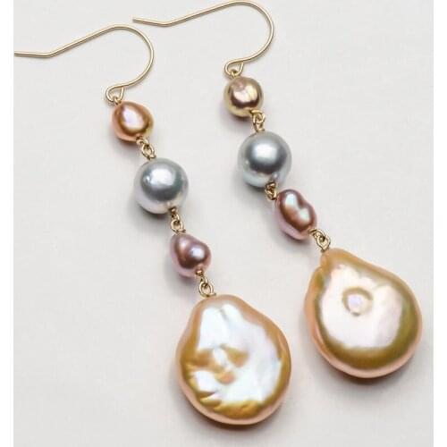 5-15mm Multicolor Genuine Akoya Pearl Keshi Pearl Drop Earrings Yellow Gold
