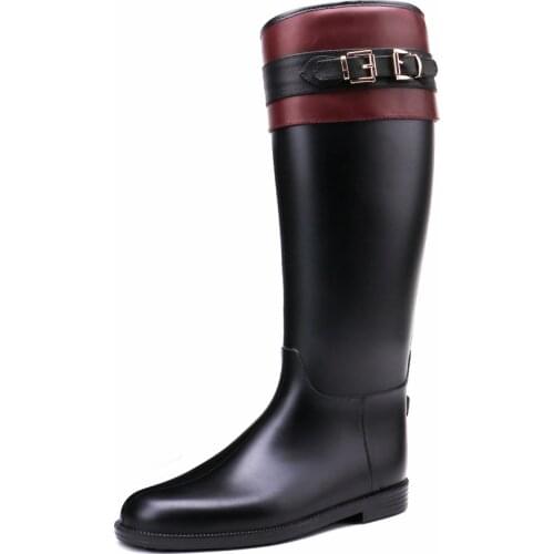 TONGPU Womens Zipper Closure Decorative Golden Buckle and Belt Black and Burgundy Knee-HIgh Waterproof PVC Rain Boots