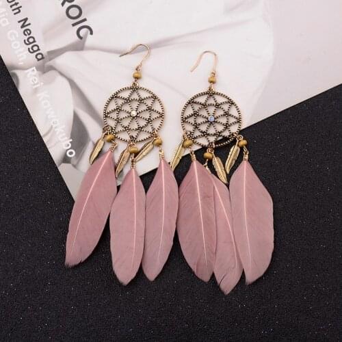 2020 Pink Boho Feather Earrings For Women Brincos Bijoux Charm Vintage Dreamcatcher Leaves Tassel Drop Earrings HQE945