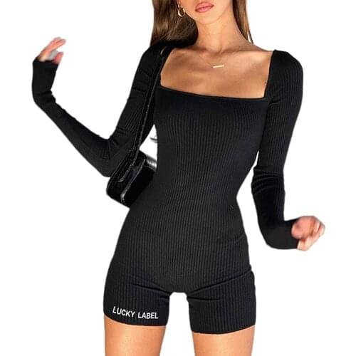 AA Women Long Sleeve Square Neck Jumpsuit Rompers Causal Playsuit Bodycon Stretch Letter Print Jumpsuit Shorts Pants Trousers