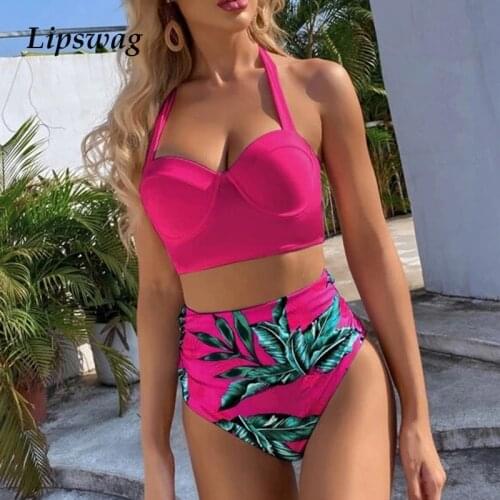 2021 Sexy High Waist Print Women Bikini Swimsuit Summer Female Bandage Swimwear Bikini Set Push Up Summer Halter Beachwear Suits