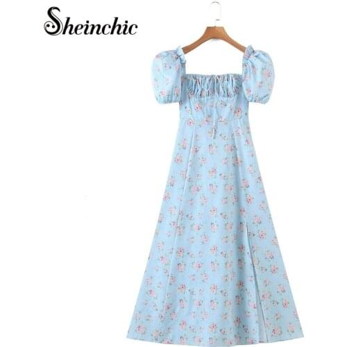 Women Summer Dress 2021 Elegant Blue Floral Printed Puff Sleeve Long Dresses