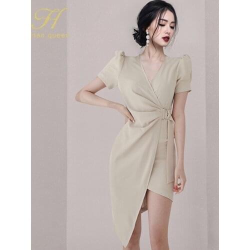 H Han Queen 2021 Summer New V-neck Fashion irregular Lace up Bodycon Sheath Pencil Dress Casual Chiffon Evening Party Dresses