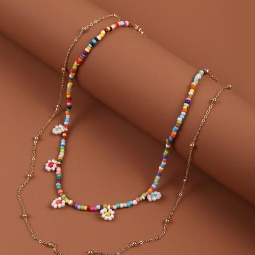 2 Pcs/Set Fashion Gold Color Metal Chain Necklace For Women Multicolor Beaded Handmade Flower Pendants Necklace Jewelry Gifts