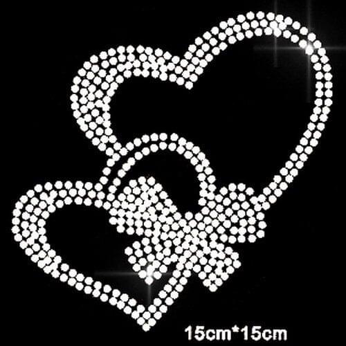 2pcs/lot double Heart iron rhinestone transfer designs fixing rhinestones hot fix rhinestone rhinestone iron on patch shirt bag