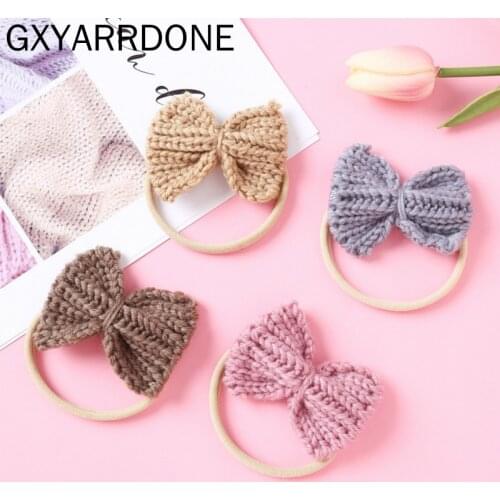 2021 Newborn Wool Knitted Bowknot Headbands Nylon Baby Headband or Hair Clips Knit Hair Bow Nylon Headwraps for Girls Headwear