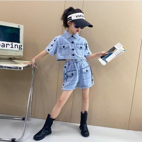 2021 Korea style girls 2 pcs denim set coat +shorts fashion summer girls suit 6-12t B252