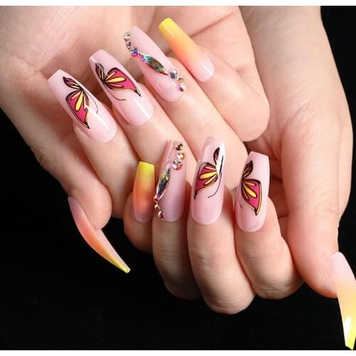 24pcs/Set Pretty Butterfly Decals False Nails Long Pink Gradient Wedding Bride Full Ballerina Nail Accessories Tips with Glue