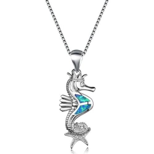 Blue/White/Purple Fire Opal 925 Sterling Silver Seahorse Animal Pendant Necklaces Gifts