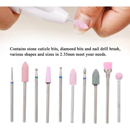 Abody 10Pcs Nail Drill Bits Cuticle Cleaner Dust Drill Brush Rotary Polishing File Grinding Heads Nail Salon Tools