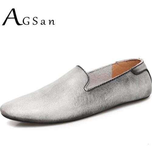 AGSan Genuine Leather Driving Shoes Men Soft Outsole Moccasins Loafers Slip On Flats Gray Leather Shoes Leisure Footwear Male