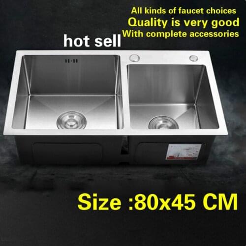 Free shipping Hot sell household big standard kitchen manual sink double groove wash the dishes 304 stainless steel 800x450 MM