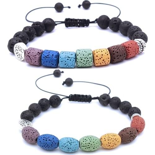 Tree 8mm Seven Chakra Bracelet Briaded Colorful Lava Stone Beads Women Men Bracelet Buddha Friendship Strand Bracelet Jewelry