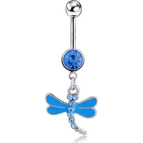 Zircon Dragonfly Body piercing belly button ring Navel jewelry Retail belly bar 14G 316L surgical steel bar