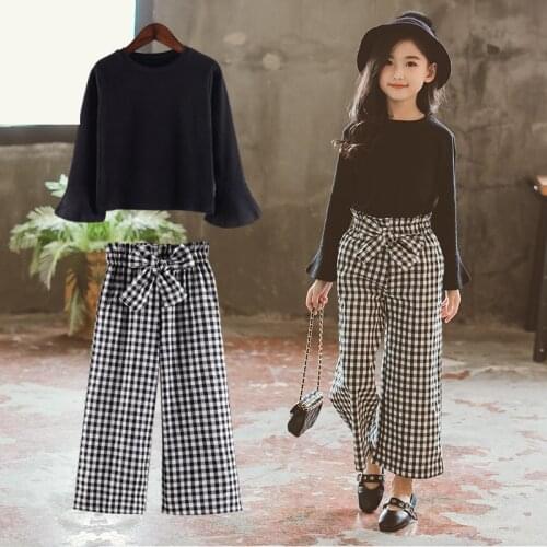 Children Autumn Clothes Girls Modern Korean Edition Plaid Casual Black Top Wide Leg Pants Suit Boutique Kids Clothing