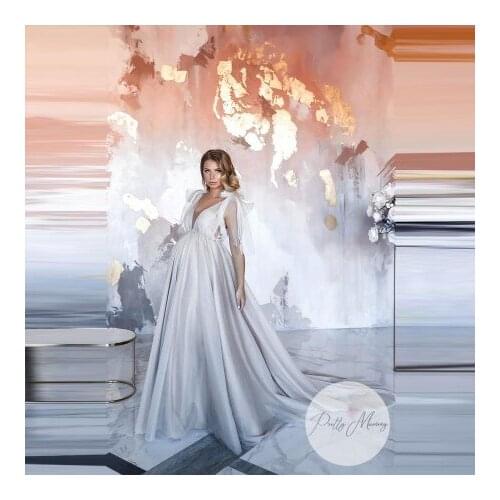 Elegant Long Tulle Pregnancy Gowns V Neck Bow Shoulder Sleeveless With Train Soft Tulle Maternity Dresses Photo Shoot