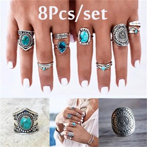 European and American cross-border special for hand ornaments retro carved inlaid 8-piece joint ring AliExpress wish s