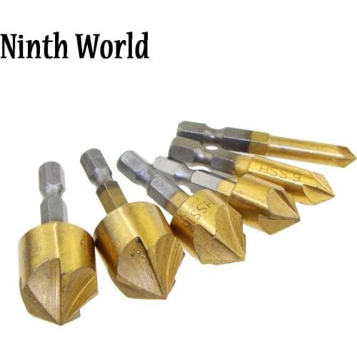 6PCS 5 Flute Chamfer Countersink 1/4" Hex Shank HSS Wood Chamfering Cutter Chamfer 6mm-19mm Countersink Drill Bit