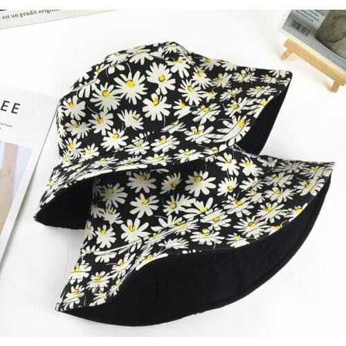 INS Cute Sweet Daisy Flowers Double-sided Fisherman Hat Korean Men And Women Street Hip Hop Sun Hat Basin Hat
