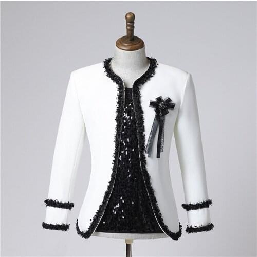 Mens Singer Groups Stage Performance Suit Jacket White Black Fringe Slim Blazers Bar Nightclub Dancer Team Performance Costume
