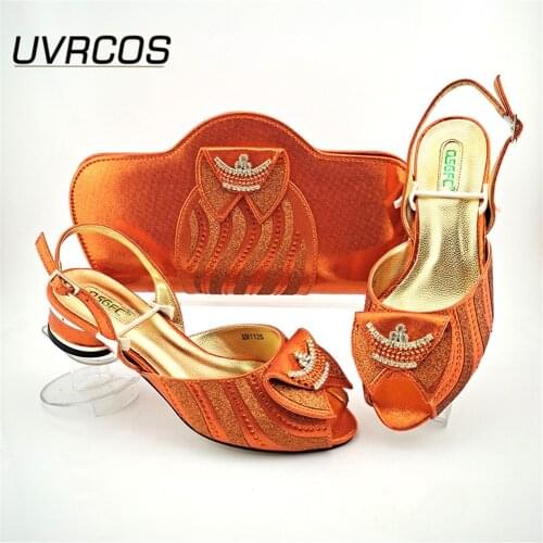 Nigerian 2021 Hot Selling Italian Design Low Heels Fashion Rhinestone Style Orange Color Party Wedding Ladies Shoes and BagS
