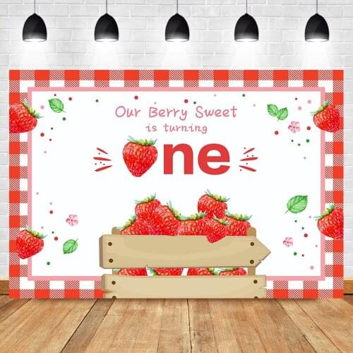 Neoback Baby First Birthday Backdrop Strawberry Our Berry Sweet is Turning One Photography Background Dessert Table Decor Props