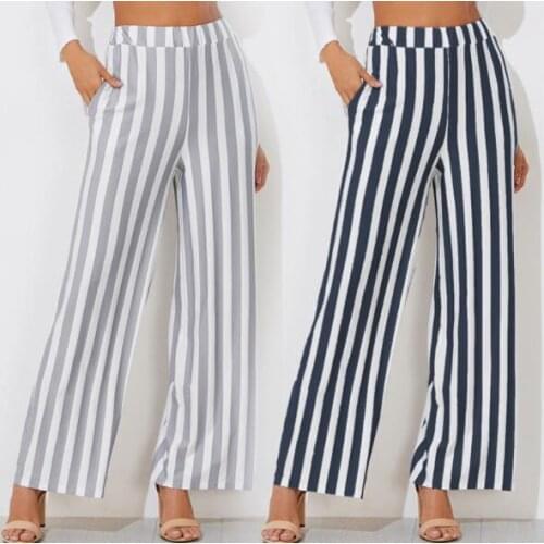 Fashion Casual High Waist Women Wide Leg Pants Striped Pockets Loose Long Pants Loose Office Ladies Trousers 2021 Gray