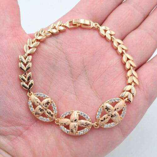Fashion Jewelry Gold Color Clear CZ Oval Flower Plate Link Bracelet for Women