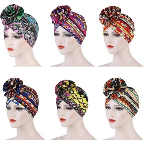Muslim Women Arab Printed Indian Beanie Turban Hair Loss Hat Cancer Chemo Head Cover Islamic Flower Skullies Bonnet Headwear