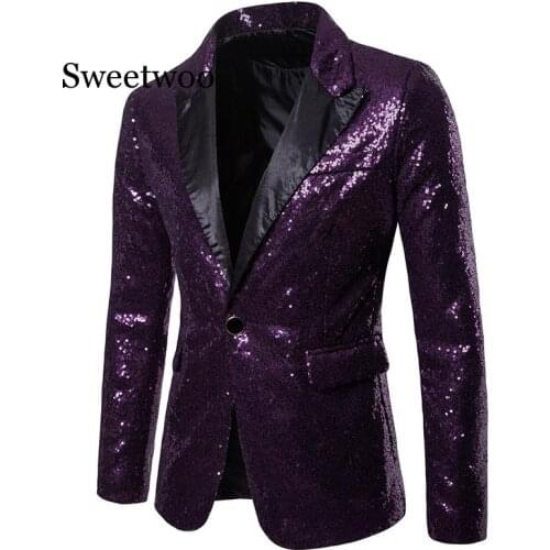 SWEETWOO Men Shiny Gold Sequin Glitter Embellished Blazer Jacket Men Nightclub Blazer Party Suit Jacket Stage Singers Clothes
