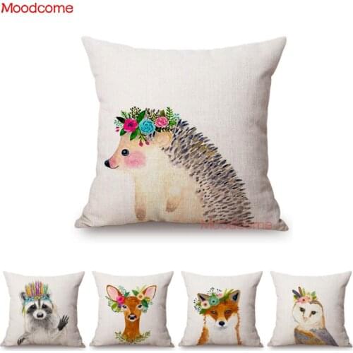 Cute Alpaca Owl Water Color Home Decorative Sofa Throw Pillow Cover Polyester Linen Animals Hand Painting Chair Cushion Cover