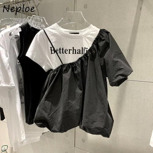 Neploe Stitching Short-sleeved Woman Tshirts Summer 2021 New Korean Casual Tees Short Fake Two-piece T-shirt Crop Top Women