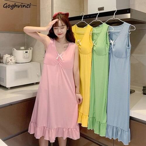 Nightgowns Women Solid Bow Sweet Princess Style Ruffles Loose Cozy Students Girls Sleeveless Mid-calf Nightdress Sleepwear Femme