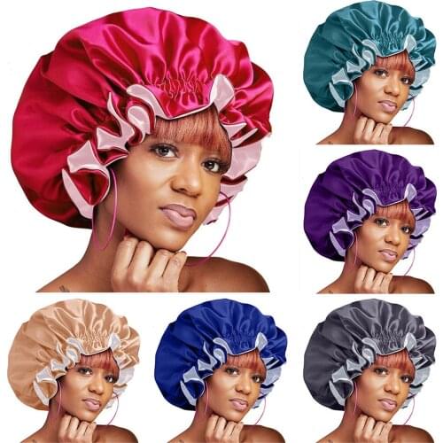 Extra Large Satin Silky Bonnet Sleep Cap With Premium Elastic Band For Women Solid Color Head Wrap Brimmed Nightcap Night Hat