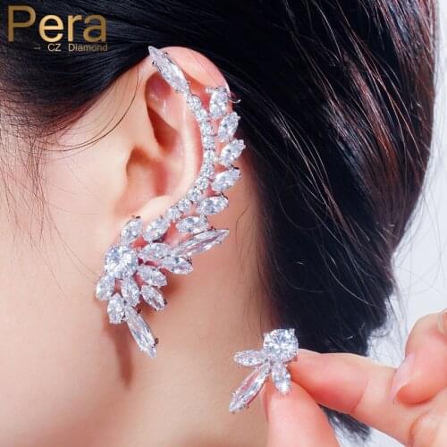Pera Fashion Asymmetrical Ear Jewelry Marquise Cut Clean White Cubic Zircon Crystal Long Leaf Big Stud Earrings for Ladies E462