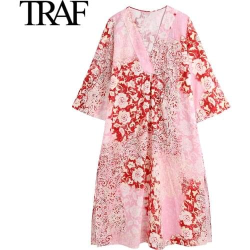 TRAF Za Womens Clothing Dress Summer Boho Long Dress Elegant Vintage Maxi Dress French Fashion V-neck Loose Shirt Female Robe
