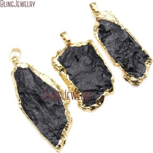 Gold Dipped Raw Tourmaline Charm Pendant Black Tourmaline 24k Gold Electroplated PM16510