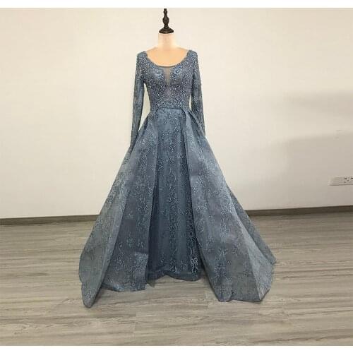 Luxury Dubai Evening Dress 2020 Full Lace O Neck Long Sleeves Mermaid For Woman Crystal Arabic Formal Party Gown