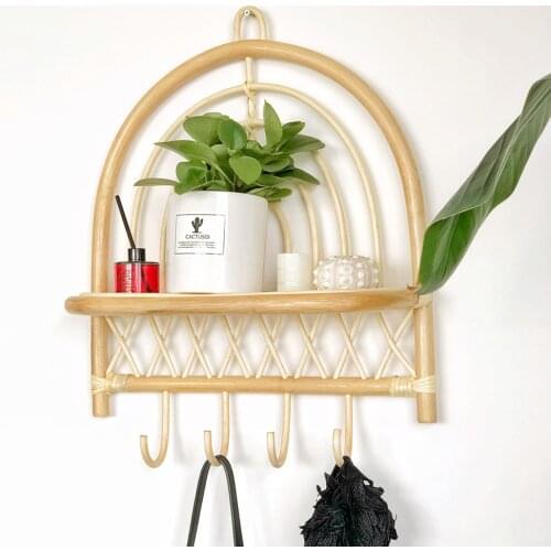 Rattan wall shelf Handmade semicircular rattan wall decoration rack with hook home hanging rack