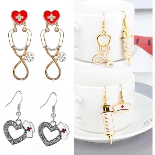 Nurse Hat Drop Earrings for Women Stethoscope syringe Dangle Earring Studs Creative Jewelry Earing Doctor Nurse Day Gift